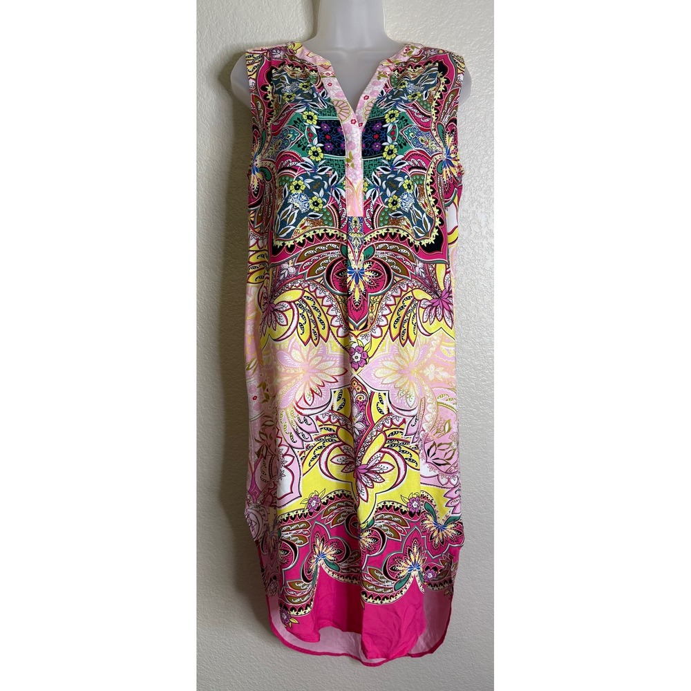Cupio Womens Medium Shift Dress Pink Yellow Paisley Sleeveless High Low‎ Hem